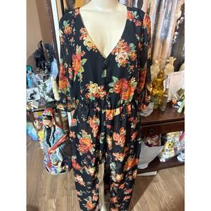 Toxik3 Women Floral Maxi Romper Black Rose Print V-Neck Built-in Shorts Large